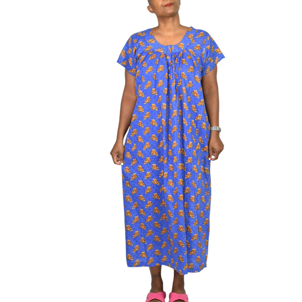Homemade Cotton Patio Dress Blue Block Print Muumuu Housedress Loungewear Medium